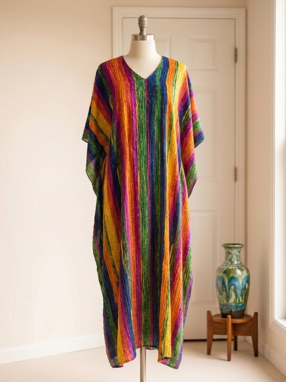 Vibrant Multi-Color Striped Caftan Dress